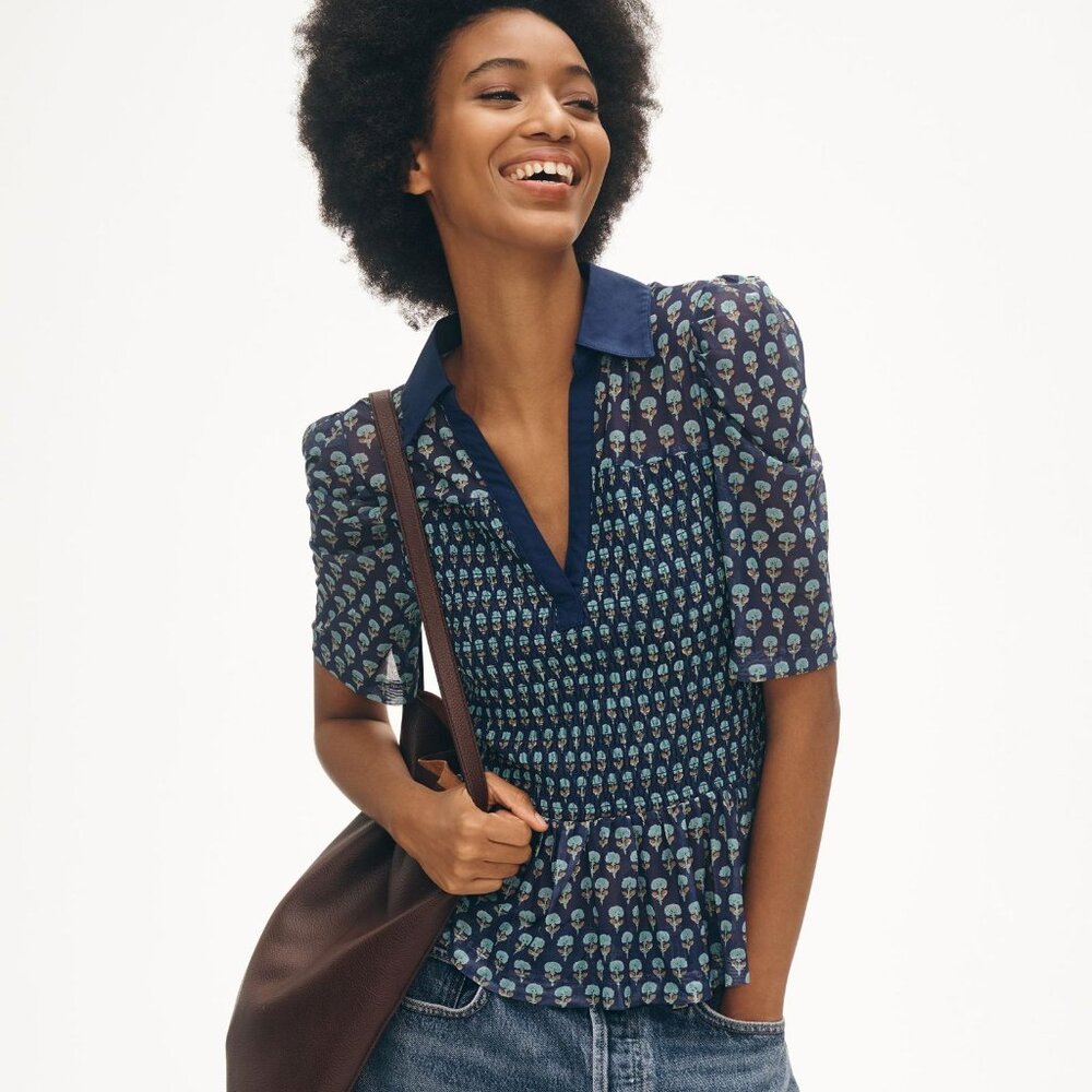Anthropologie Maeve Short-Sleeve Smocked Polo Top (NEW)